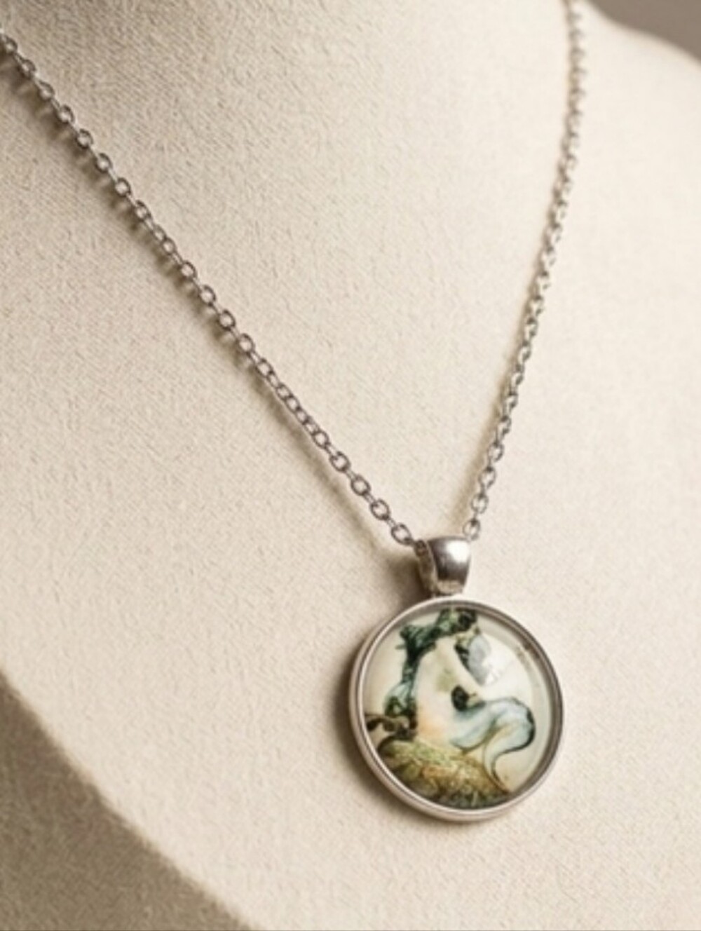 Mermaid Art Pendant Necklace silver cabochon Necklace Women's Jewelry NWT